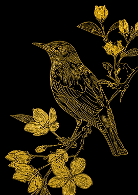 Golden Bird on a Branch with Flowers