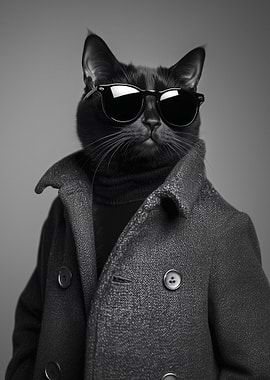Cool Black Cat in Sunglasses and Coat