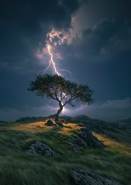 Lightning Strikes Lone Tree on Hill