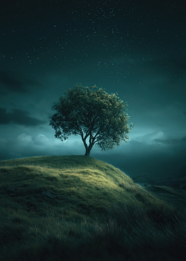 Lone Tree Under Starry Night Sky