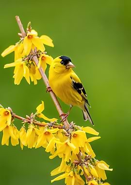 Goldfinch on Forsythia Branch