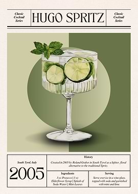 Hugo Spritz | 2005 Italian Elderflower Spritz | Vintage Green Cocktail Art
