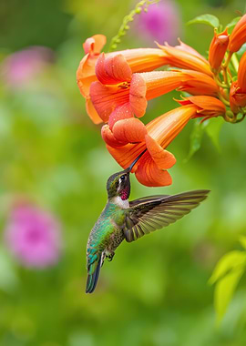 Hummingbird feeding on orange trumpet vine flowers