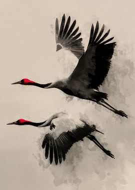 Red Crowned Cranes in Flight