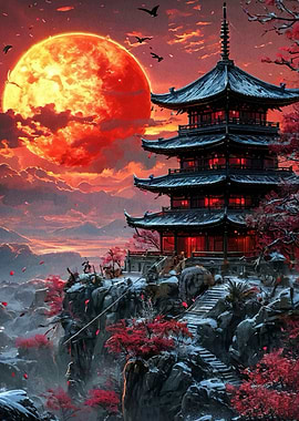 Pagoda under a Blood Moon
