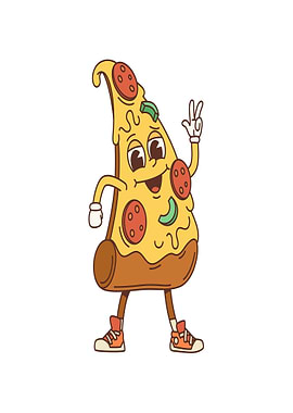 Retro Pizza Character Doing Peace Sign