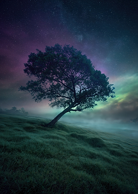 Lone Tree Under Starry Night Sky