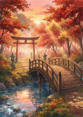 Autumn Japanese Garden with Torii Gate