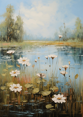 Water Lilies and Reeds in a Pond