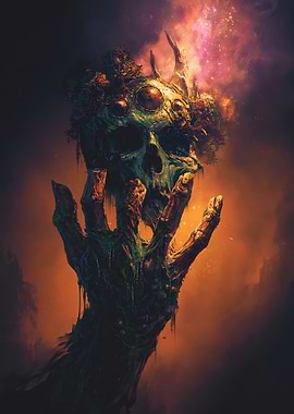 Macabre Hand Holding a Skull