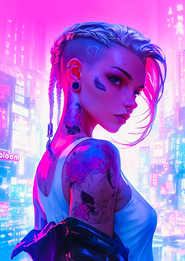 Tattooed Girl In Neon City