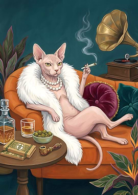 Sphynx Cat Smoking and Lounging