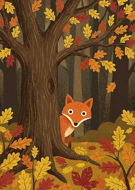 Fox Peeking from Behind a Tree in Autumn