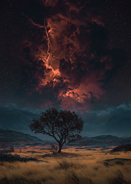 Dramatic Lightning Storm Over Lone Tree