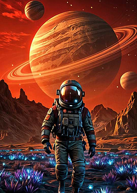 Astronaut on alien planet with ringed planet