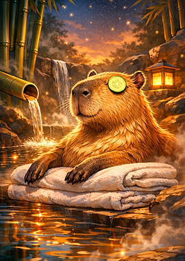 Capybara relaxing in hot spring