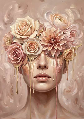 Surreal Floral Portrait with Dripping Paint