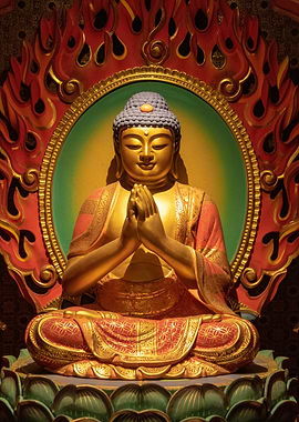 Golden Buddha Statue Meditation and Fire