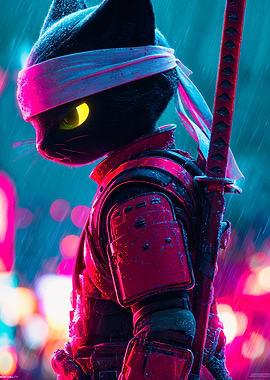 Cyberpunk Samurai Cat Katana Rain