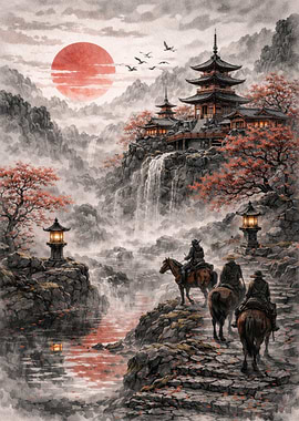 Samurai on horseback in a misty Japanese landscape