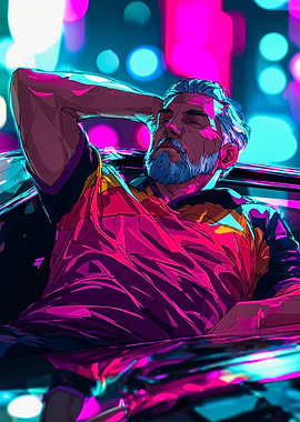 Man Relaxing In Neon Car