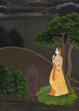 Woman in traditional Indian attire by a tree Painting