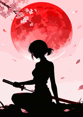 Samurai Girl Under Red Moon