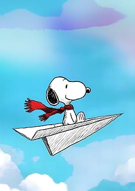 Snoopy flying on a paper airplane