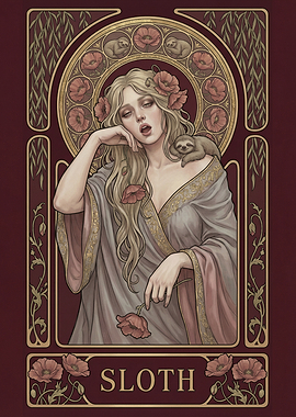 Art Nouveau Sloth Woman with Poppies