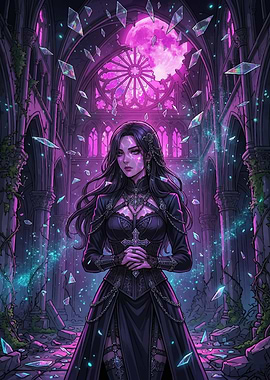 Gothic Sorceress in Ruined Cathedral
