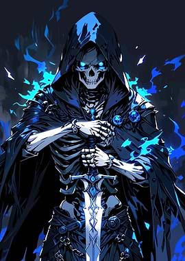 Skeleton Warrior with Blue Flames