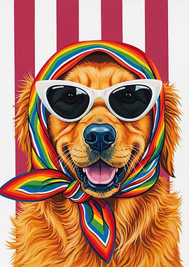 Golden Retriever Dog with Rainbow Scarf and Sunglasses