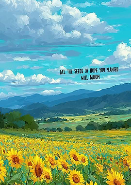 Sunflower Field with Mountains and Clouds