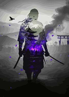Samurai with Japanese Landscape Overlay