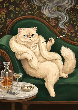 Glamorous Cat Smoking on a Chaise Lounge