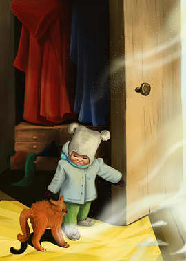 Child and cat in a closet