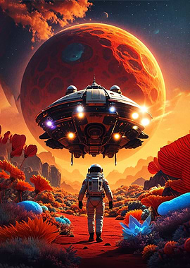Astronaut on alien planet with UFO