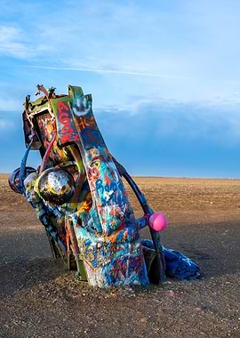 Graffiti-covered Cadillac in the desert
