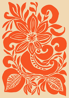 Orange Floral Pattern on Beige Background