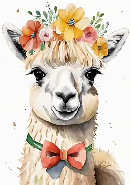 Cute Llama with Flower Crown and Bowtie