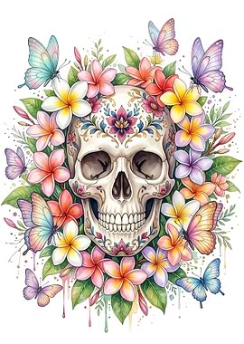 Day of the Dead Skull with Butterflies and Flowers