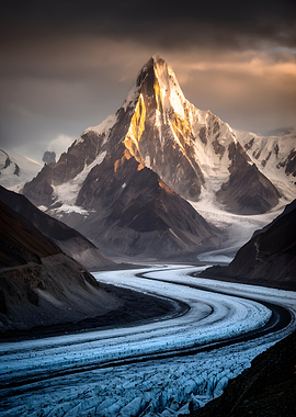 Majestic Mountain Peak Over Winding Glacier