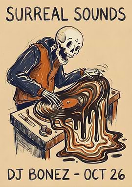 Skeleton DJ playing a melting record