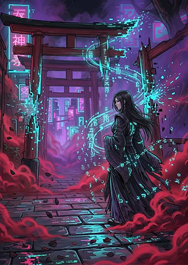 Cyberpunk Geisha with Magical Runes