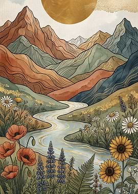 Abstract Mountain Landscape with River and Flowers