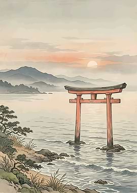 Japanese Torii Gate at Sunset