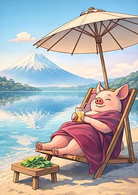 Pig relaxing on beach with Mount Fuji view