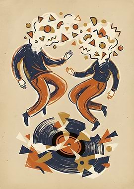 Abstract figures dancing over broken vinyl