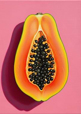 Half Papaya on Pink Background