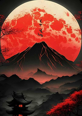 Red Moon Over Mount Fuji